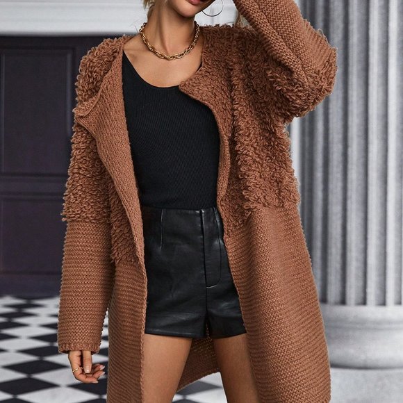 . Sweaters - Brown Casual Womens Solid Open Front Cardigan